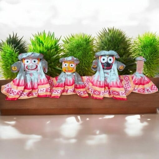 Patitapavan Jagannath Dress with Pagadi (15 pieces). Red and silver silk pata set for Lord Jagannath, Balabhadra, and Subhadra.