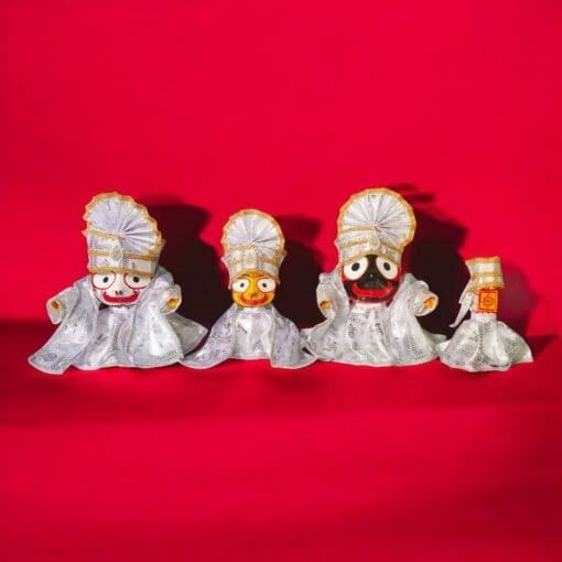 Premium Jagannath dress set with Mukut (crowns). 15 pieces, including dresses, chadars, and hand cloths for Lord Jagannath, Balabhadra, and Subhadra.