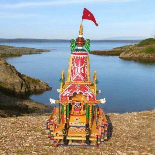 21-inch wooden Nandighosh Ratha replica - perfect for home altar or puja room, brings the grandeur of Rath Yatra festival and Lord Jagannath's chariot.