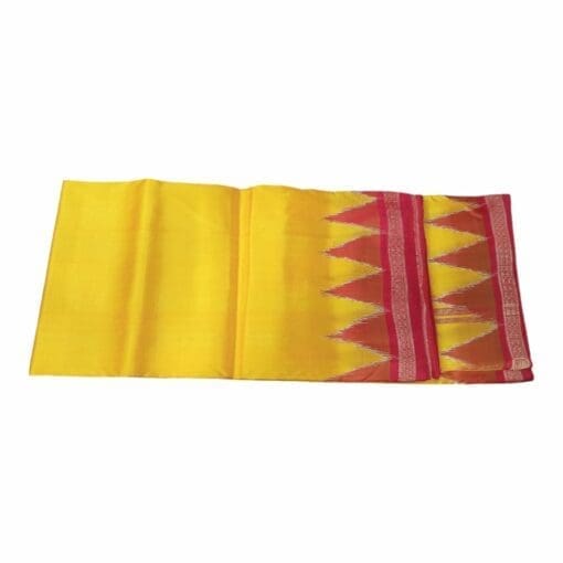 A Beautiful Yellow Silk Pata for Shri Jagannath Mahaprabhu draped over a statue of the deity.