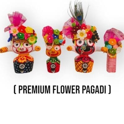 Set of 4 handcrafted flower Mukut for Jagannath, Balabhadra, Subhadra and Sudarshan, made from plastic flowers and stones.