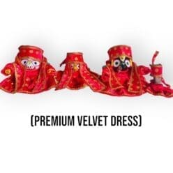 14-piece red velvet dress set for Lord Jagannath, Balabhadra, and Subhadra deities.
