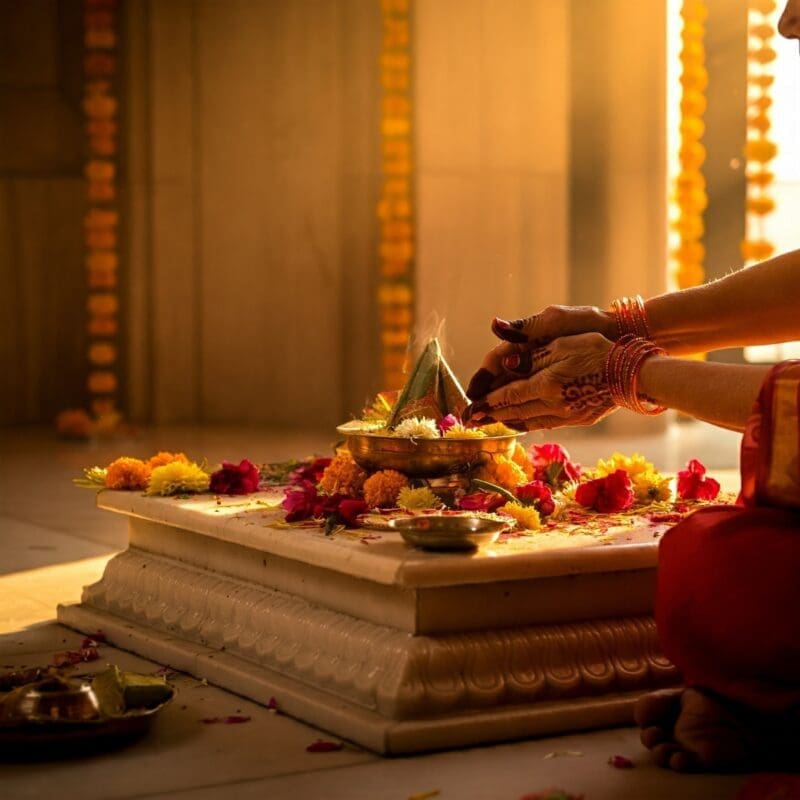 A serene corner of a home dedicated to Shri Jagannath, with an altar, flowers, and a lit diya.